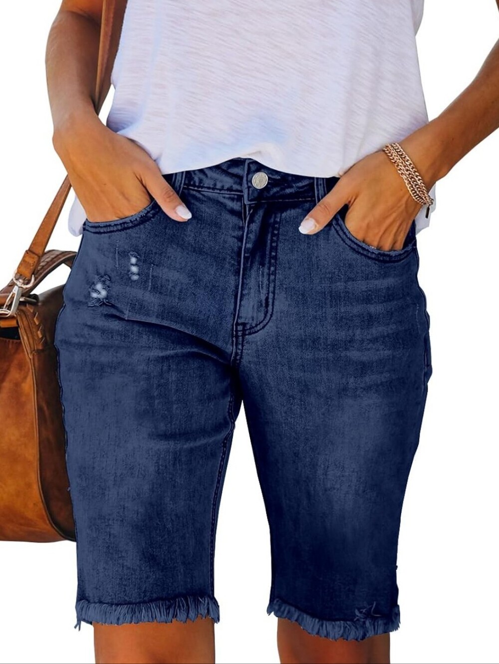 Women’s Mid-Rise Dark Blue Denim Bermuda Shorts